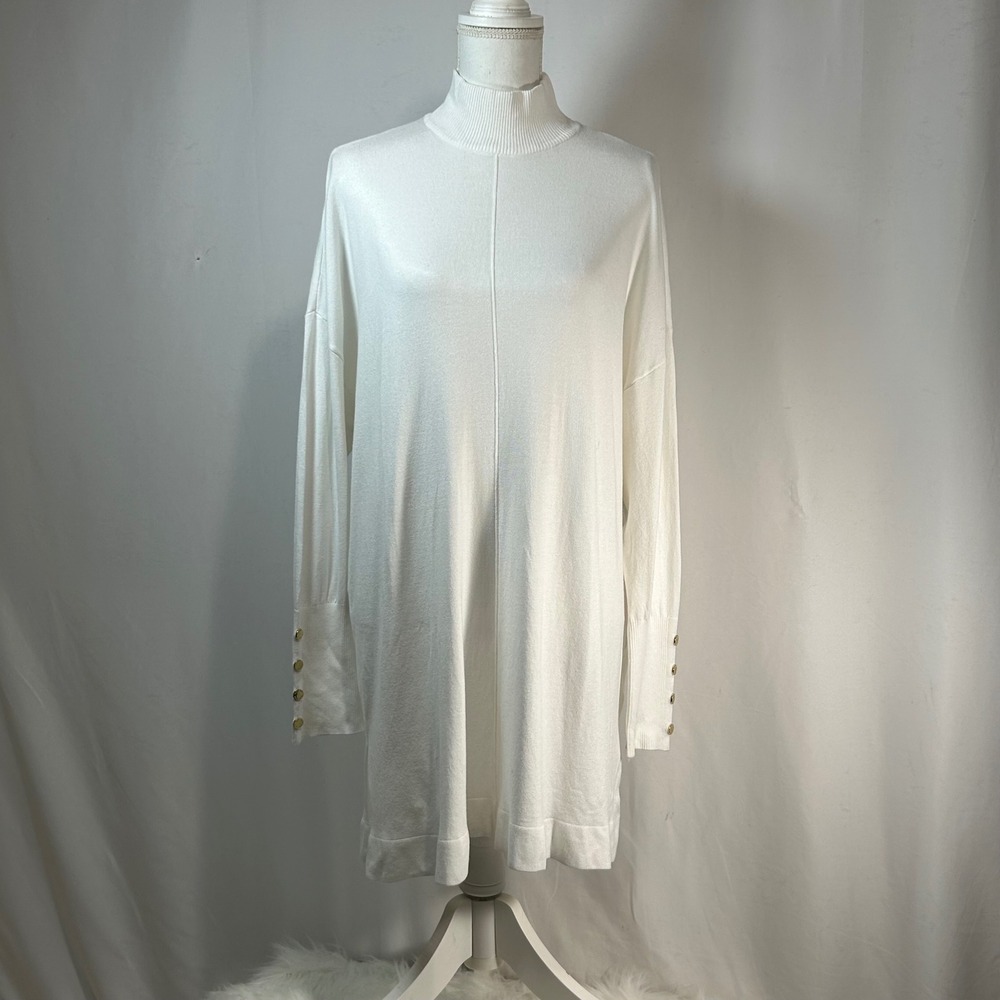 Anne Klein Ivory Mock Neck Tunic Sweater Dress Gold Button Cuff‎ Women's L